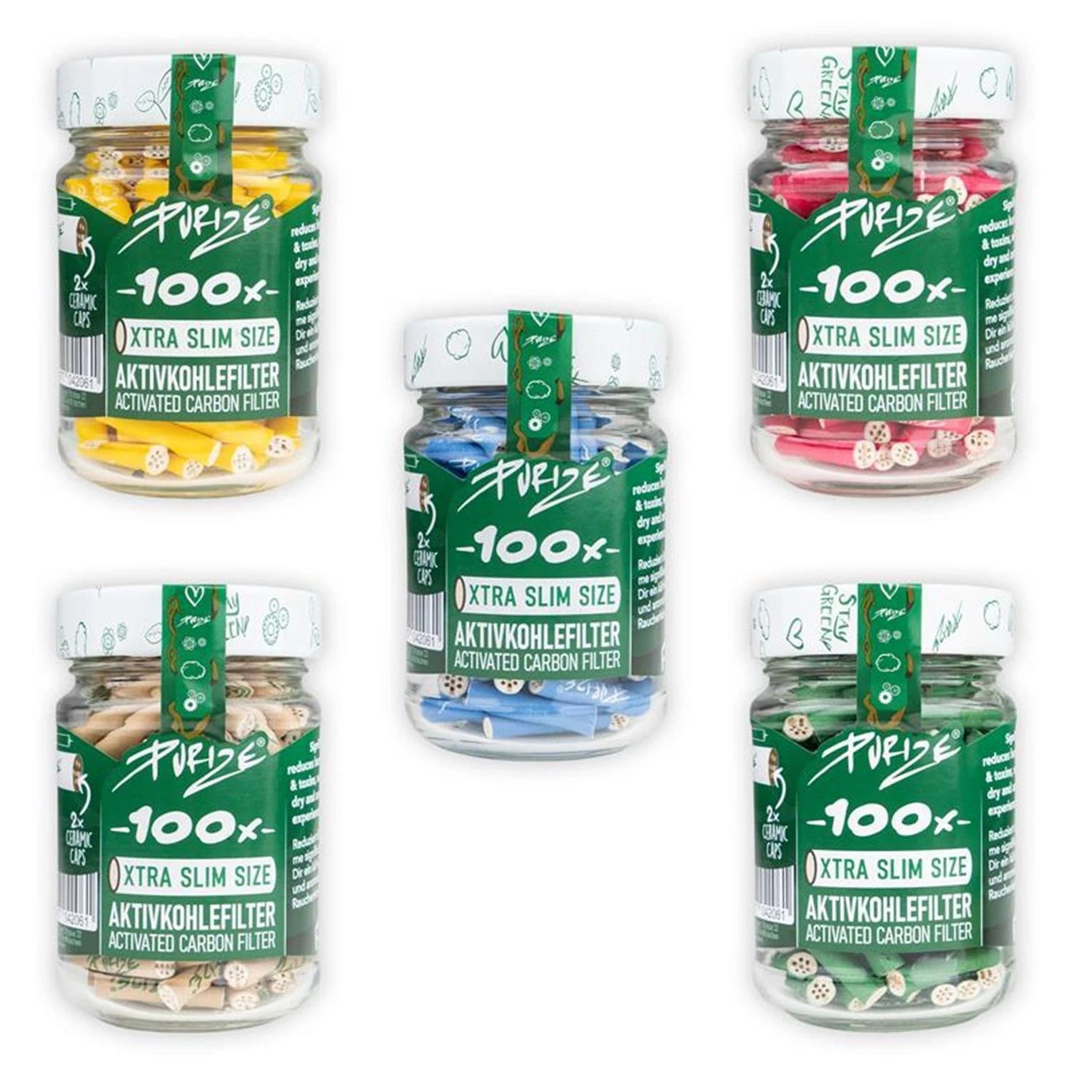 PURIZE Aktivkohlefilter XTRA Slim 6mm verschiedene Farben (100er Glas) PURIZE